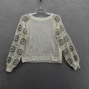 Dreamer‎ by Debut Crochet Open Knit Sweater M/L Ivory Green Womens Boho Casual